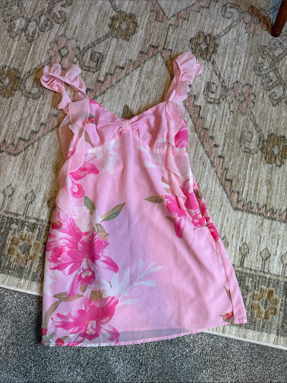 Beginning Boutique Pink Floral Ruffle-Trim Mini Dress